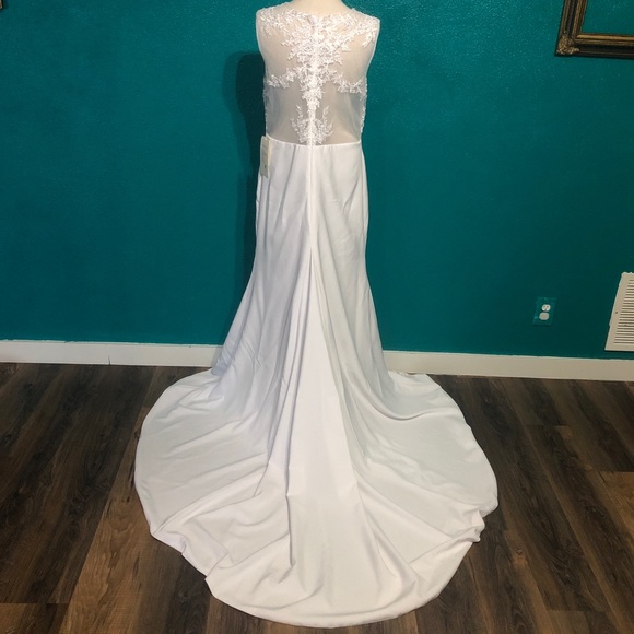 High Neck Satin Lace Sleeveless Sweep Train Gown - Picture 6 of 8